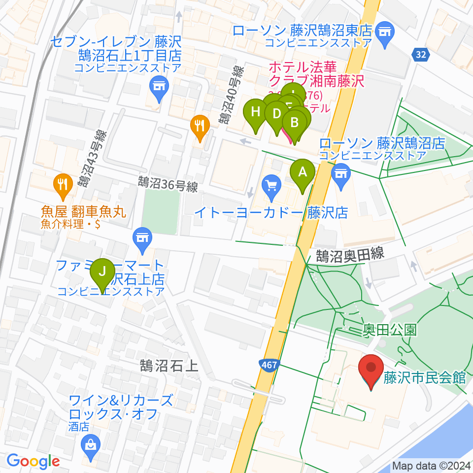 藤沢市民会館周辺のファミレス・ファーストフード一覧地図