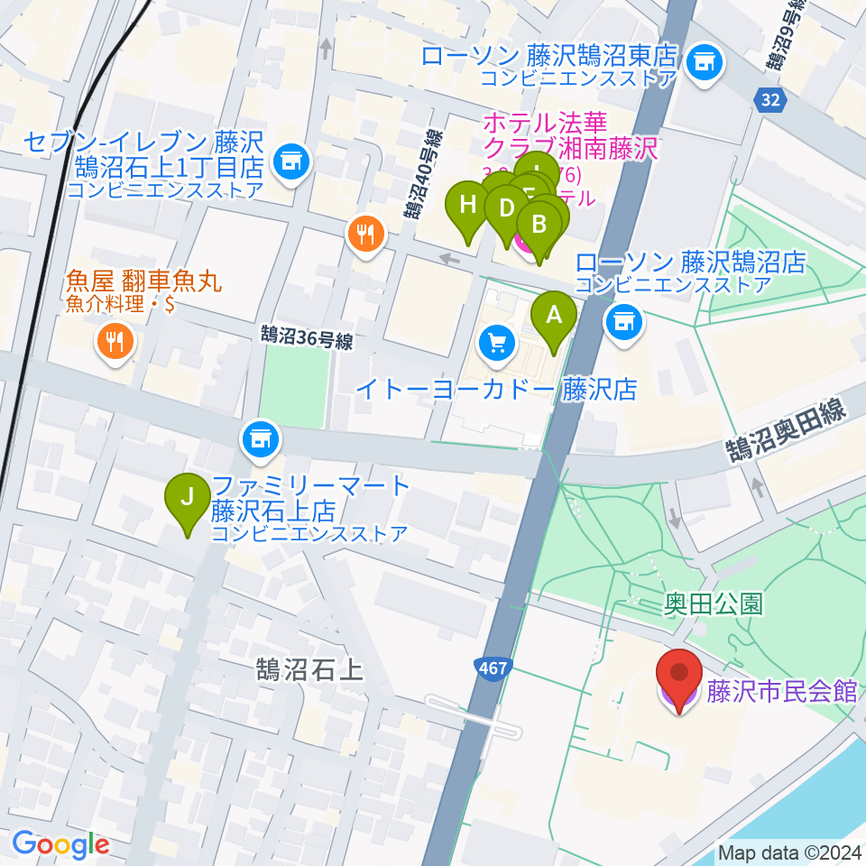 藤沢市民会館周辺のファミレス・ファーストフード一覧地図