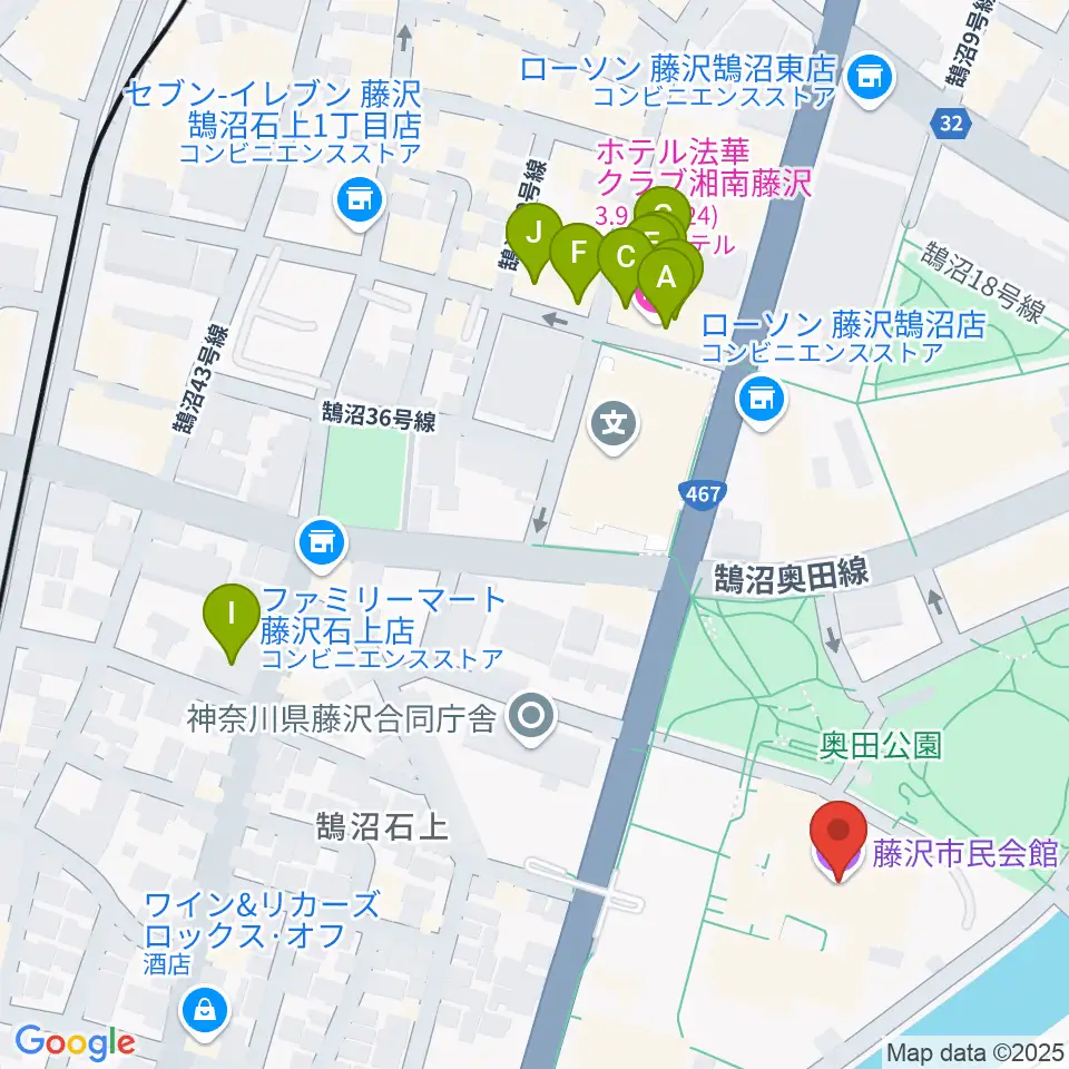 藤沢市民会館周辺のファミレス・ファーストフード一覧地図
