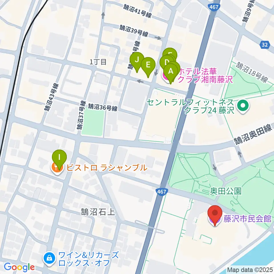 藤沢市民会館周辺のファミレス・ファーストフード一覧地図