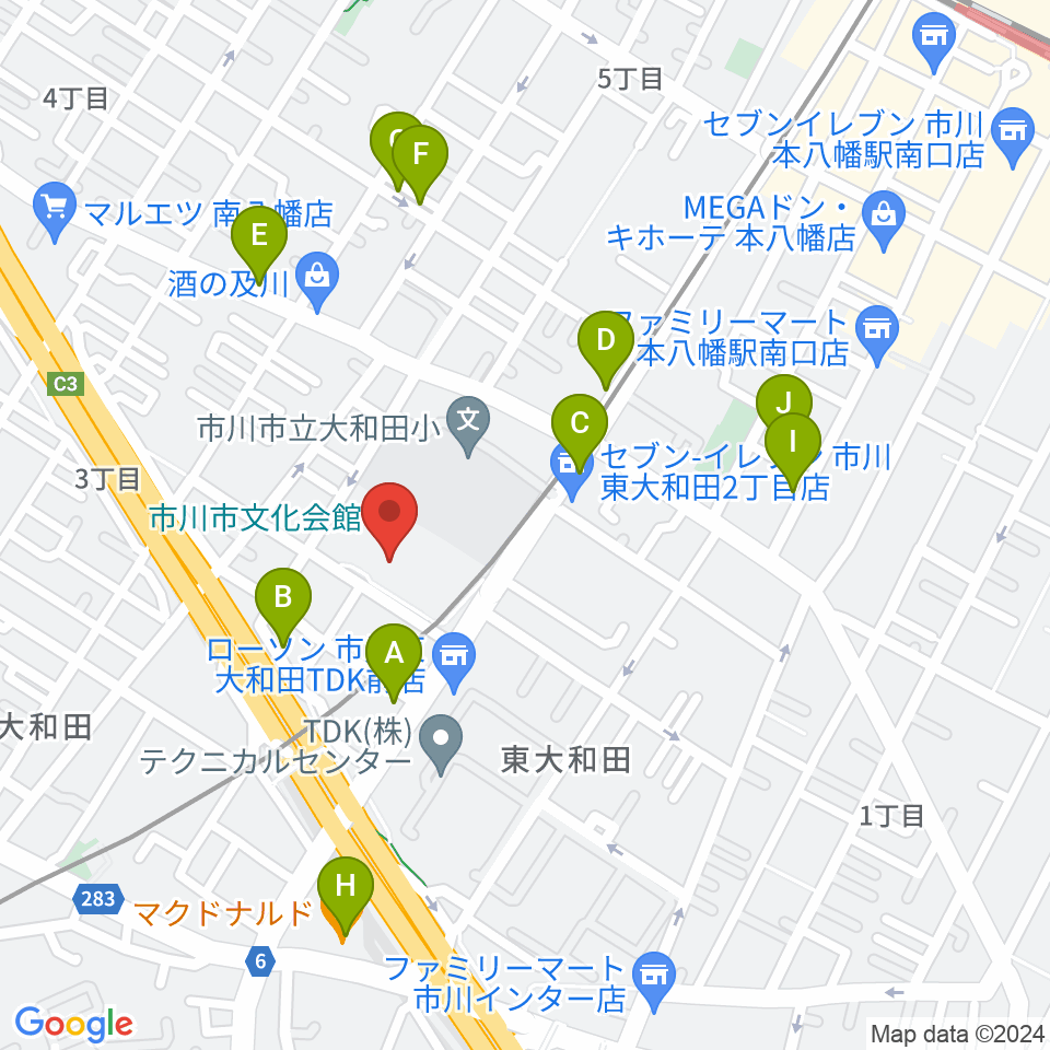 市川市文化会館周辺のファミレス・ファーストフード一覧地図