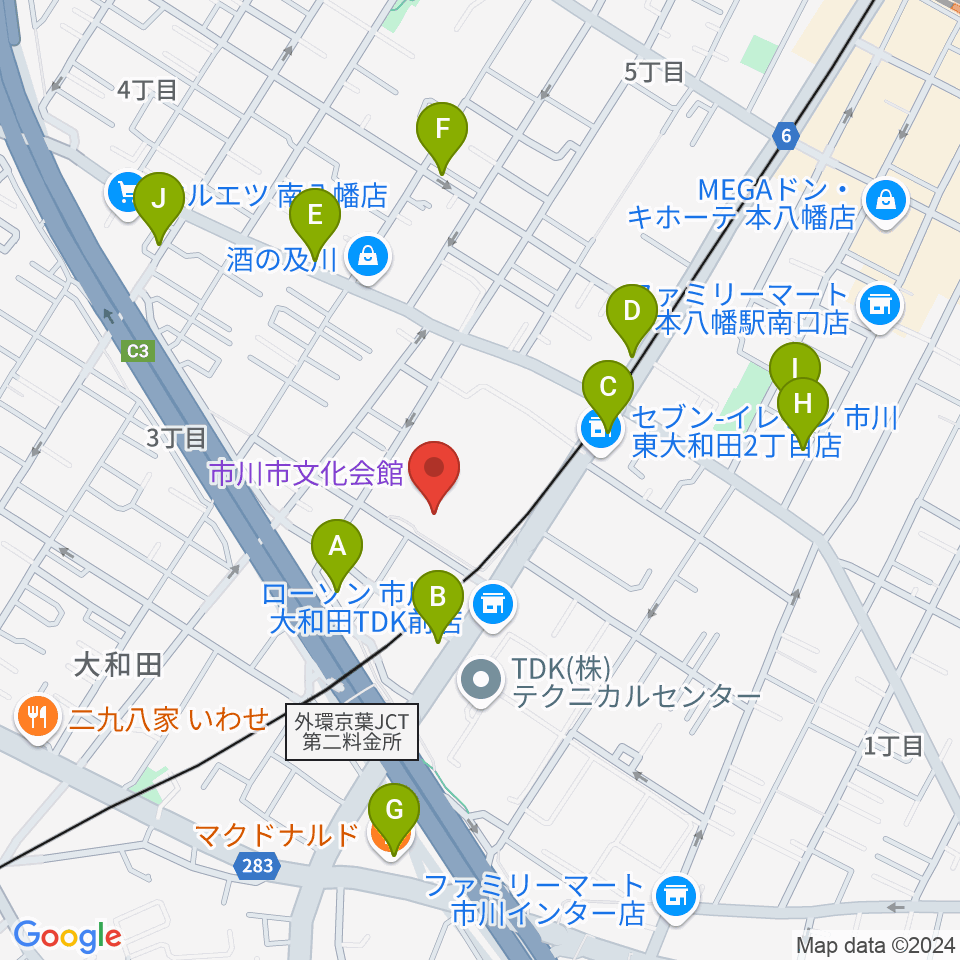 市川市文化会館周辺のファミレス・ファーストフード一覧地図