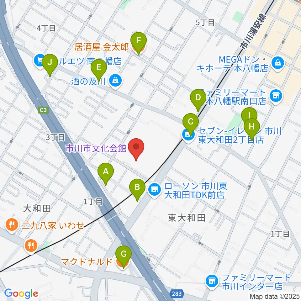 市川市文化会館周辺のファミレス・ファーストフード一覧地図