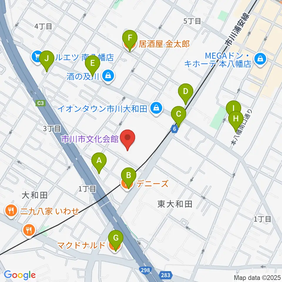 市川市文化会館周辺のファミレス・ファーストフード一覧地図
