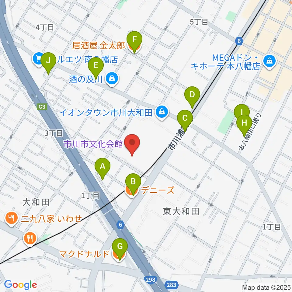 市川市文化会館周辺のファミレス・ファーストフード一覧地図