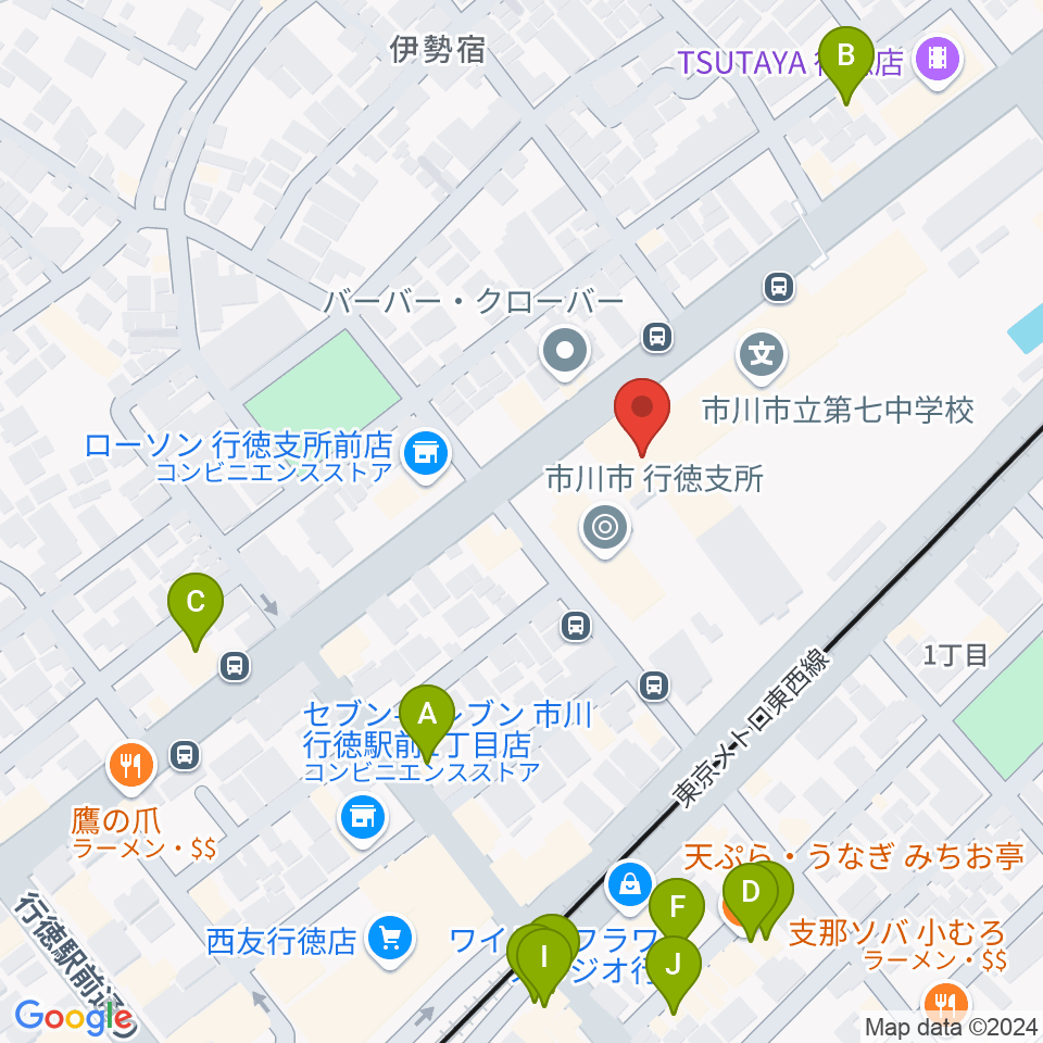 行徳文化ホール I＆I周辺のファミレス・ファーストフード一覧地図