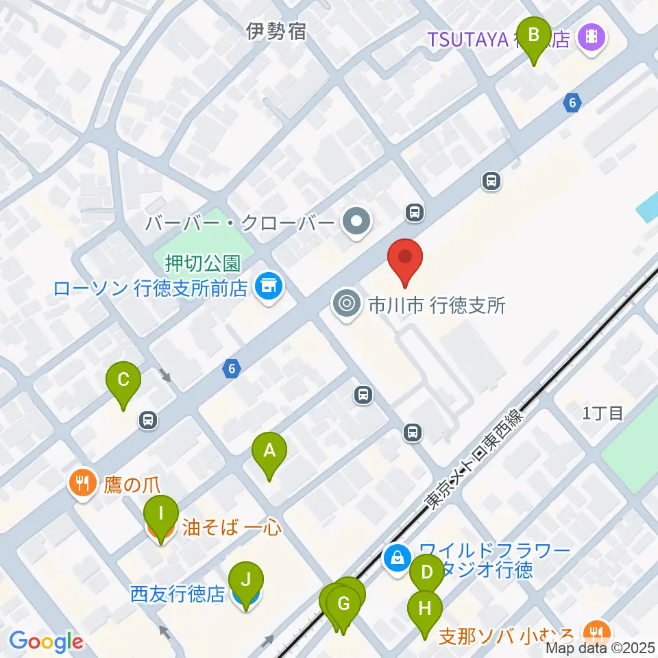 行徳文化ホール I＆I周辺のファミレス・ファーストフード一覧地図