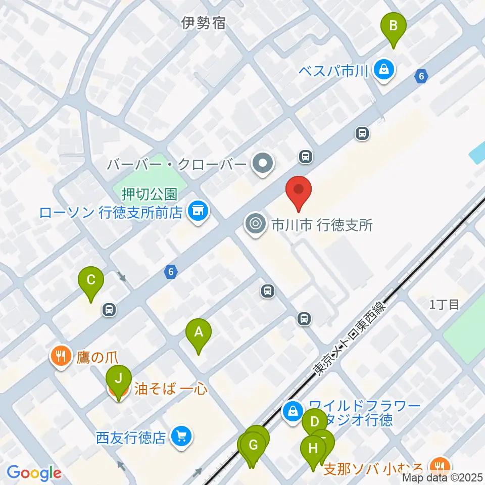 行徳文化ホール I＆I周辺のファミレス・ファーストフード一覧地図