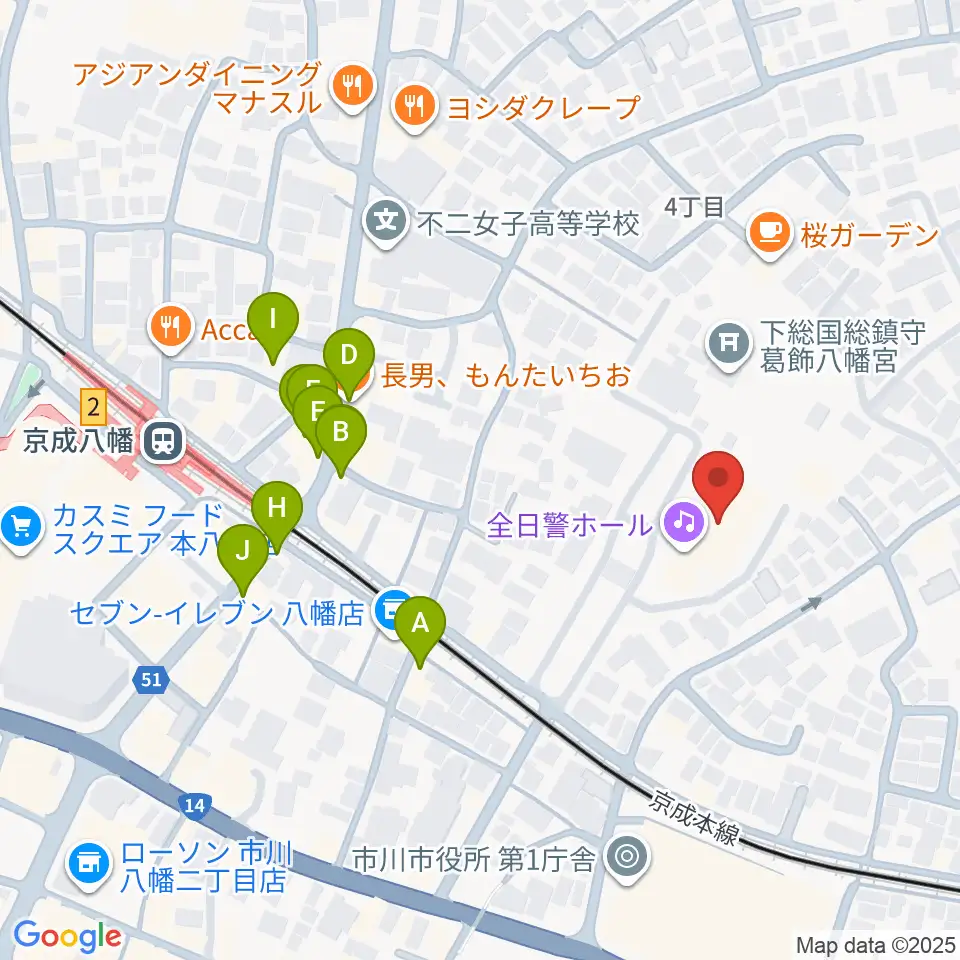 全日警ホール周辺のファミレス・ファーストフード一覧地図