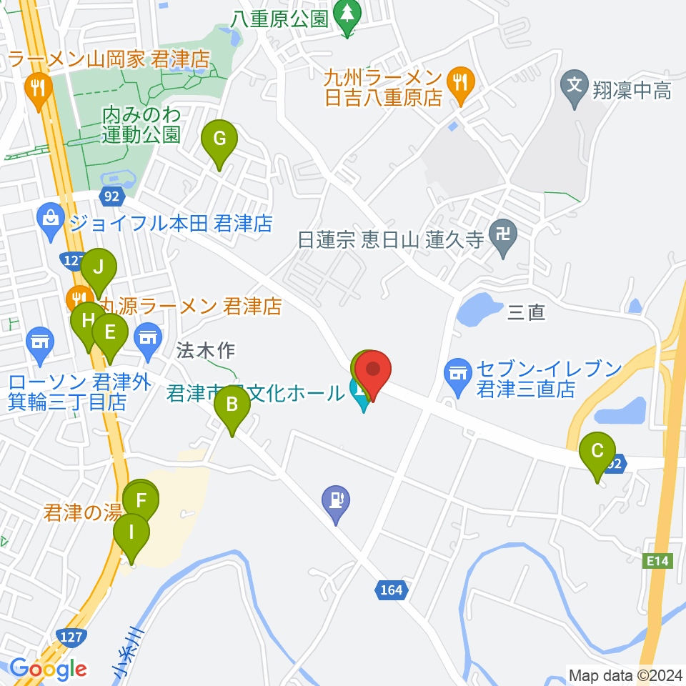 君津市民文化ホール周辺のファミレス・ファーストフード一覧地図