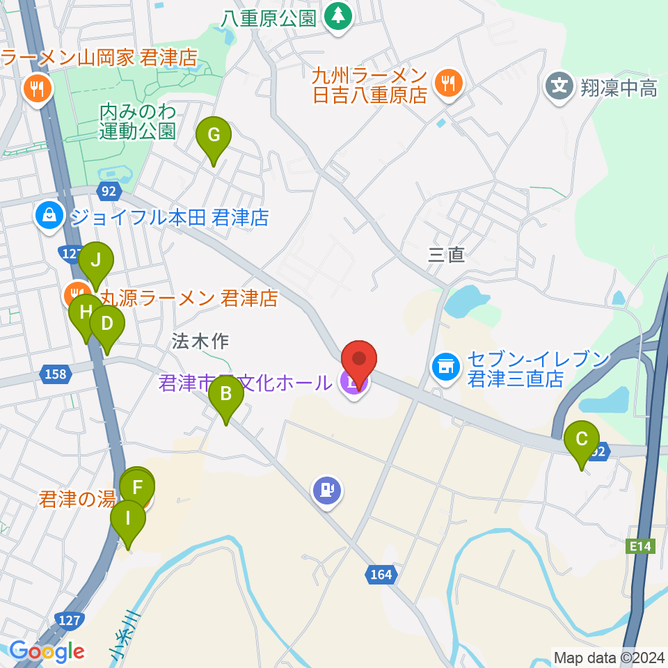 君津市民文化ホール周辺のファミレス・ファーストフード一覧地図