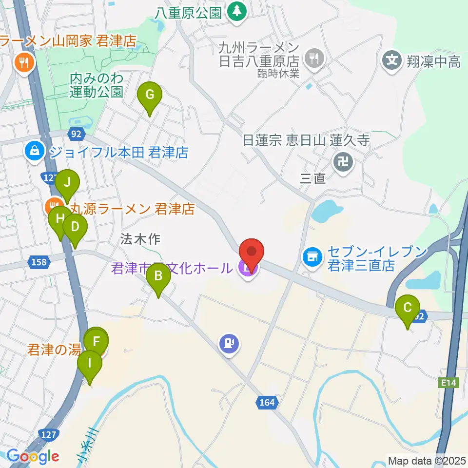 君津市民文化ホール周辺のファミレス・ファーストフード一覧地図