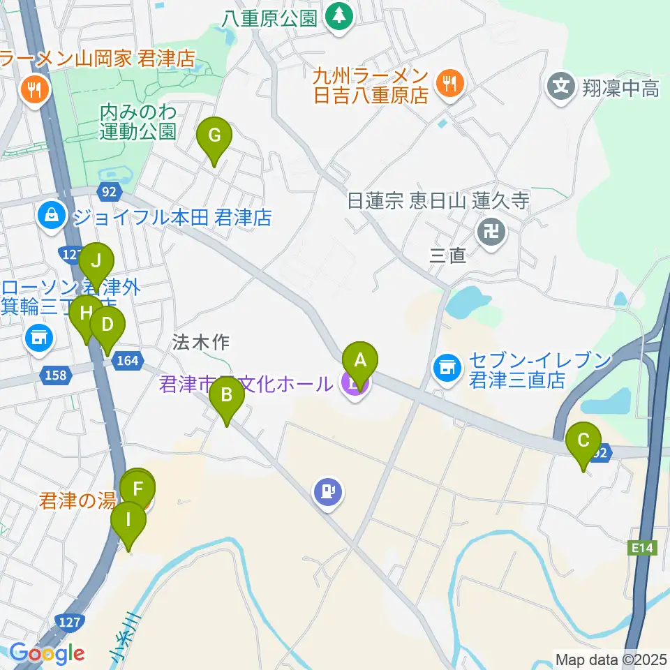 君津市民文化ホール周辺のファミレス・ファーストフード一覧地図