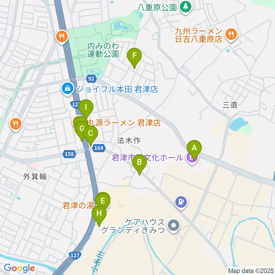 君津市民文化ホール周辺のファミレス・ファーストフード一覧地図