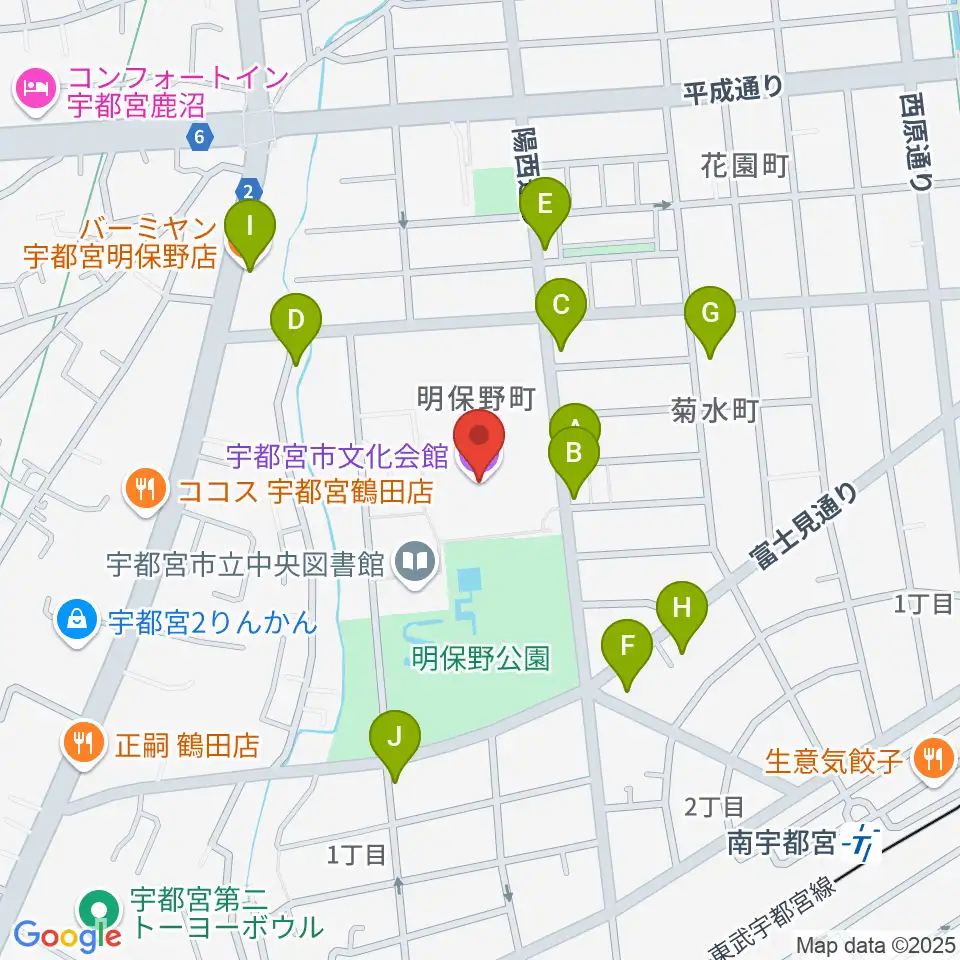 宇都宮市文化会館周辺のファミレス・ファーストフード一覧地図