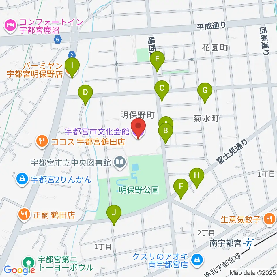 宇都宮市文化会館周辺のファミレス・ファーストフード一覧地図
