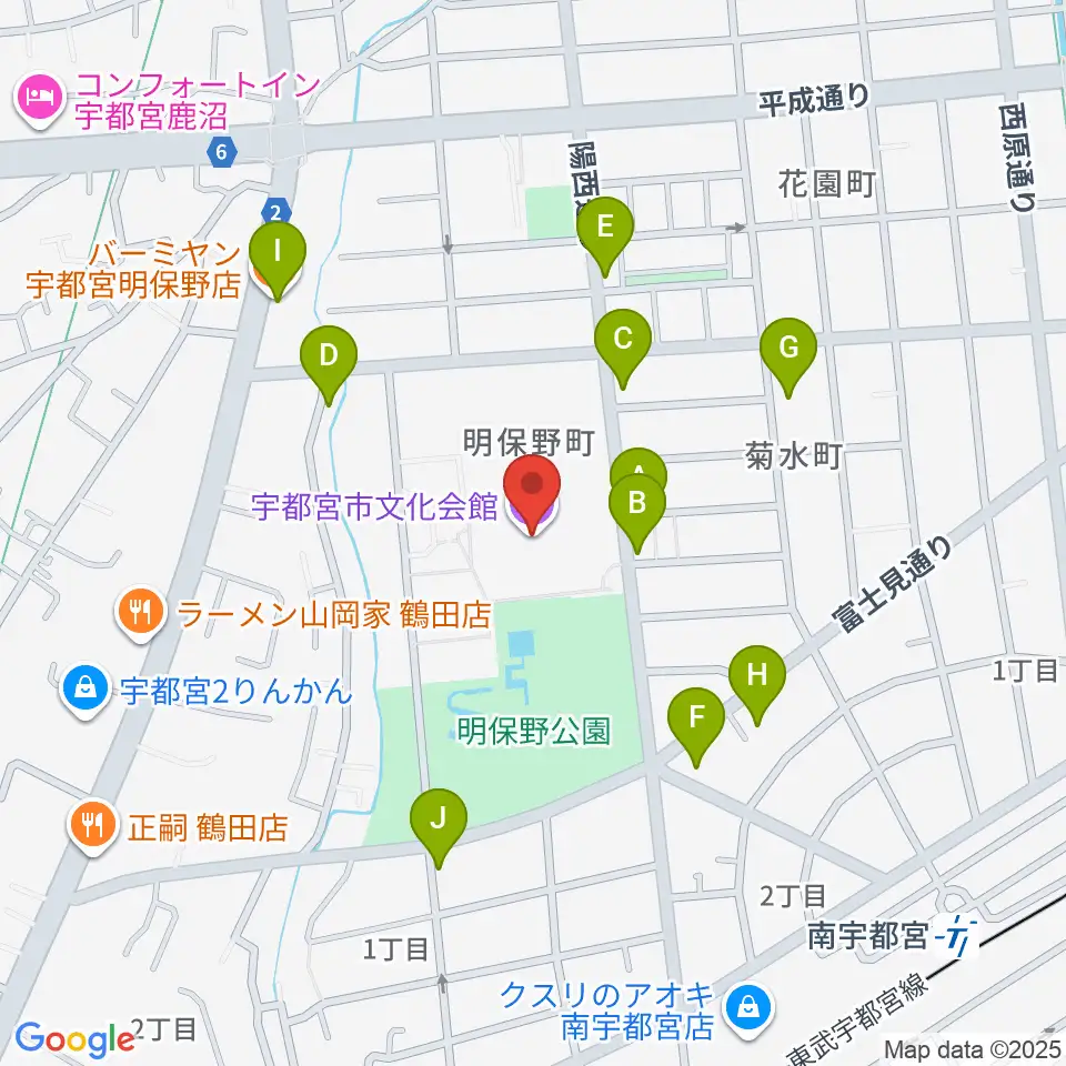 宇都宮市文化会館周辺のファミレス・ファーストフード一覧地図