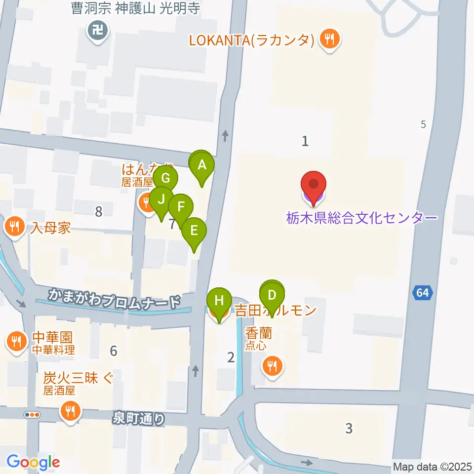 栃木県総合文化センター周辺のファミレス・ファーストフード一覧地図