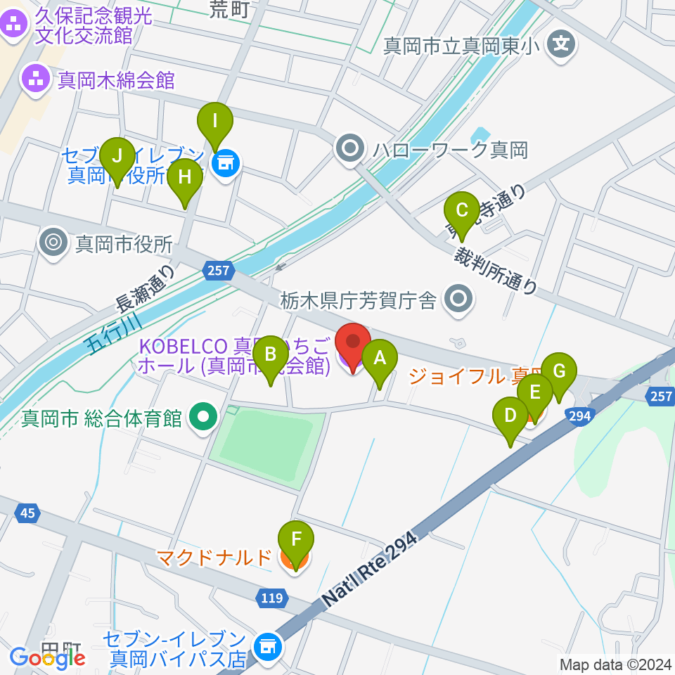 KOBELCO真岡いちごホール周辺のファミレス・ファーストフード一覧地図