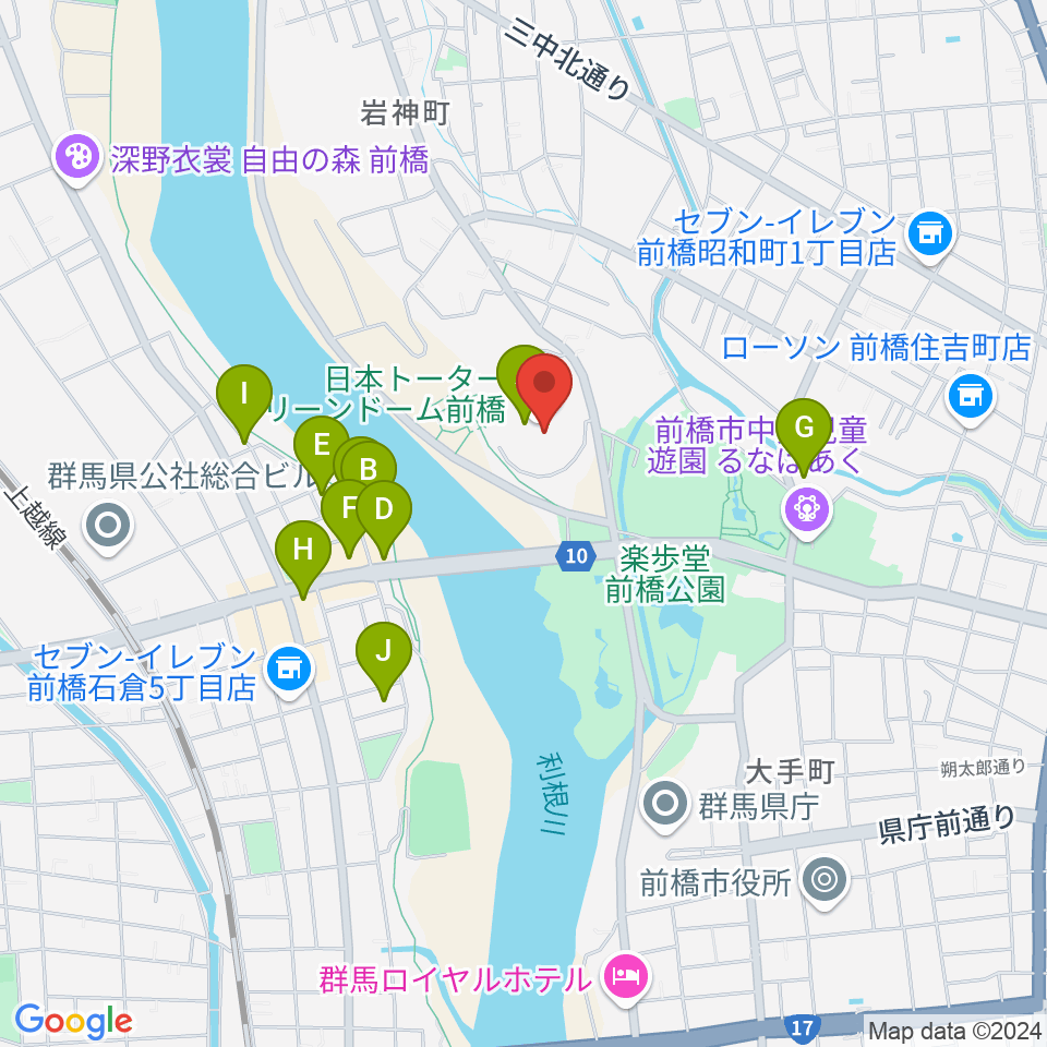 日本トーターグリーンドーム前橋周辺のファミレス・ファーストフード一覧地図