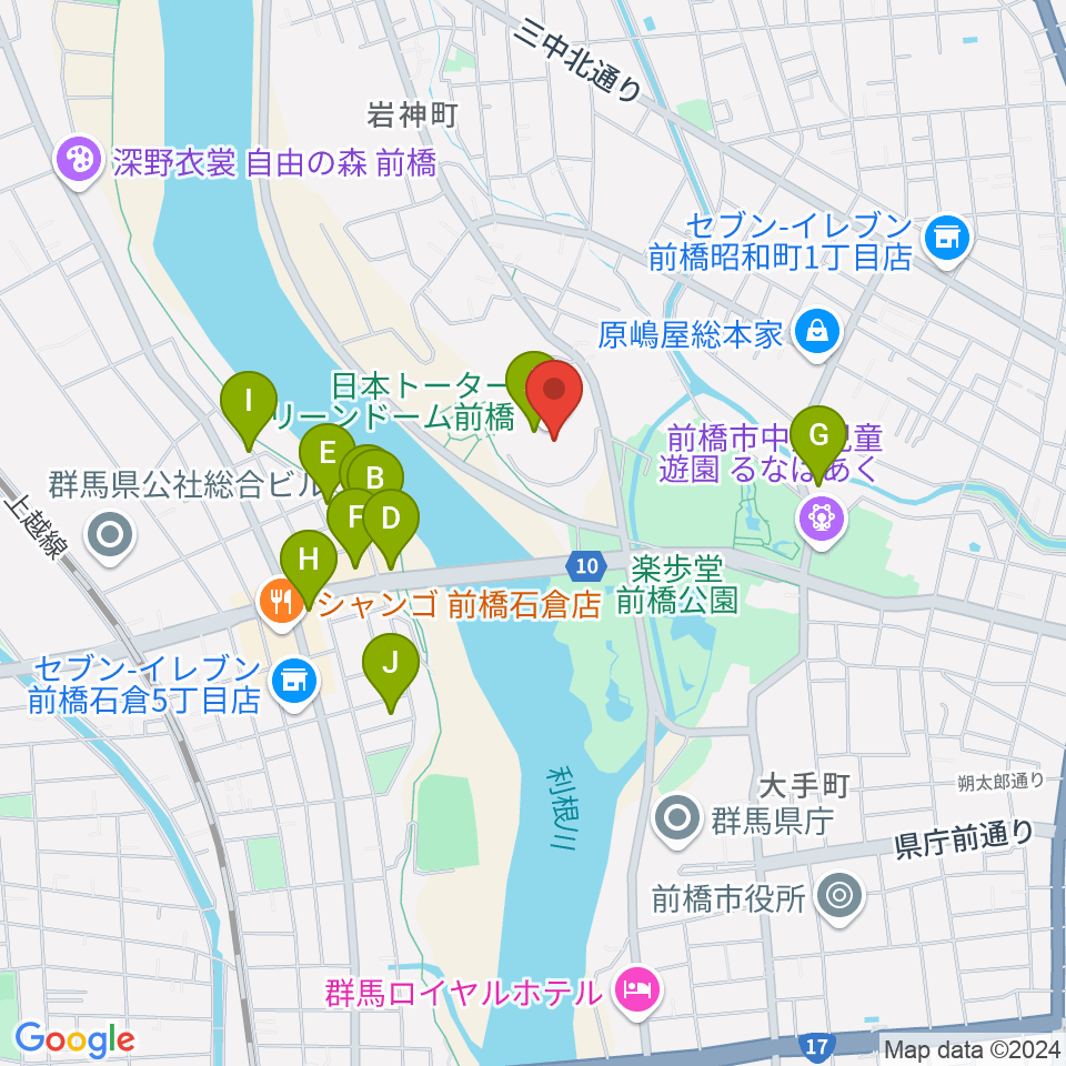 日本トーターグリーンドーム前橋周辺のファミレス・ファーストフード一覧地図