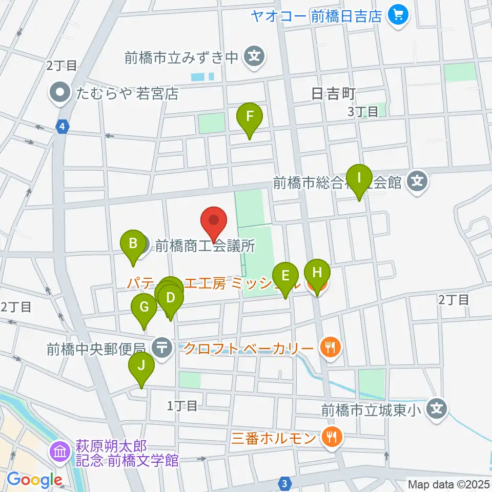群馬県民会館[休館]周辺のファミレス・ファーストフード一覧地図