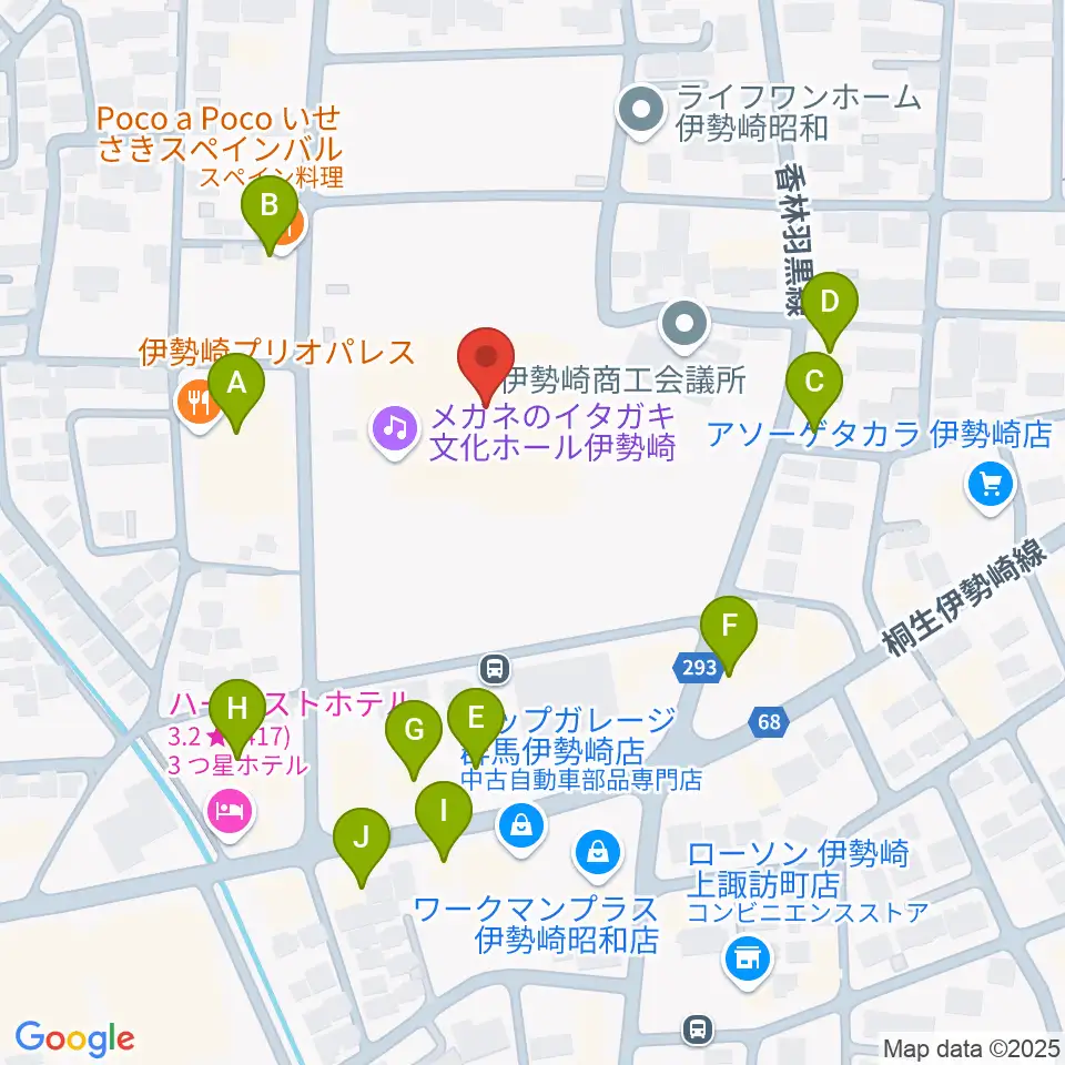 メガネのイタガキ文化ホール伊勢崎周辺のファミレス・ファーストフード一覧地図