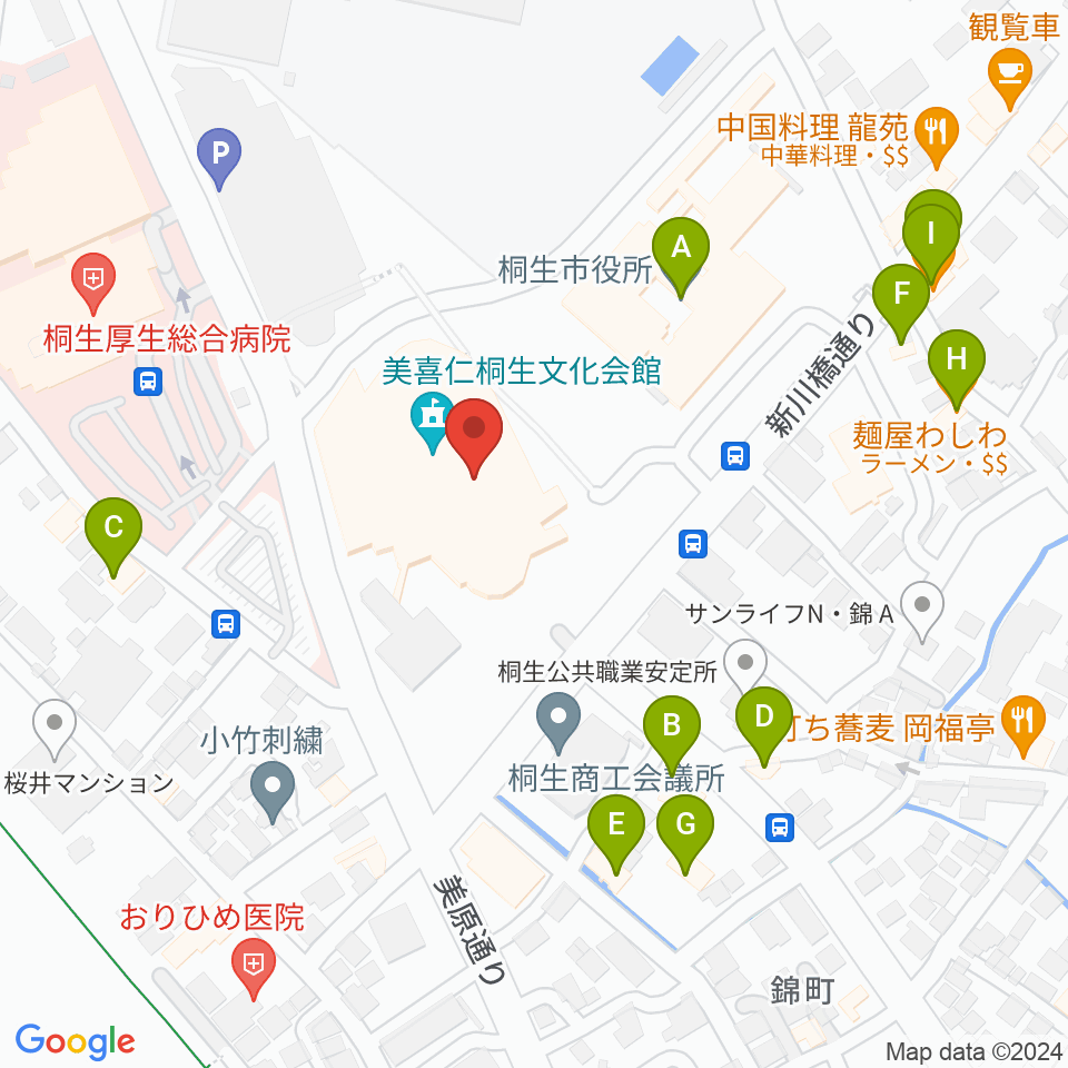 美喜仁桐生文化会館周辺のファミレス・ファーストフード一覧地図
