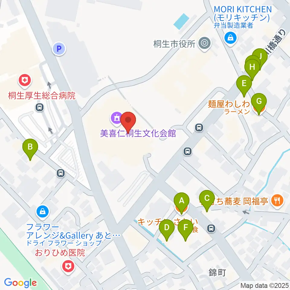 美喜仁桐生文化会館周辺のファミレス・ファーストフード一覧地図