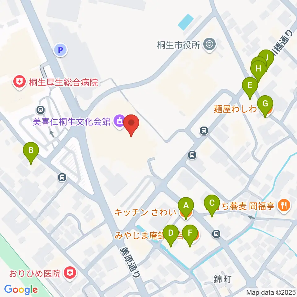 美喜仁桐生文化会館周辺のファミレス・ファーストフード一覧地図
