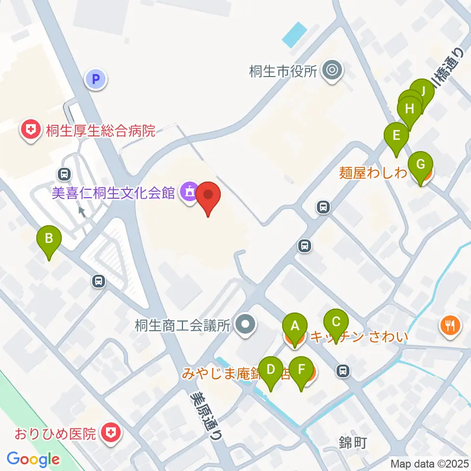美喜仁桐生文化会館周辺のファミレス・ファーストフード一覧地図