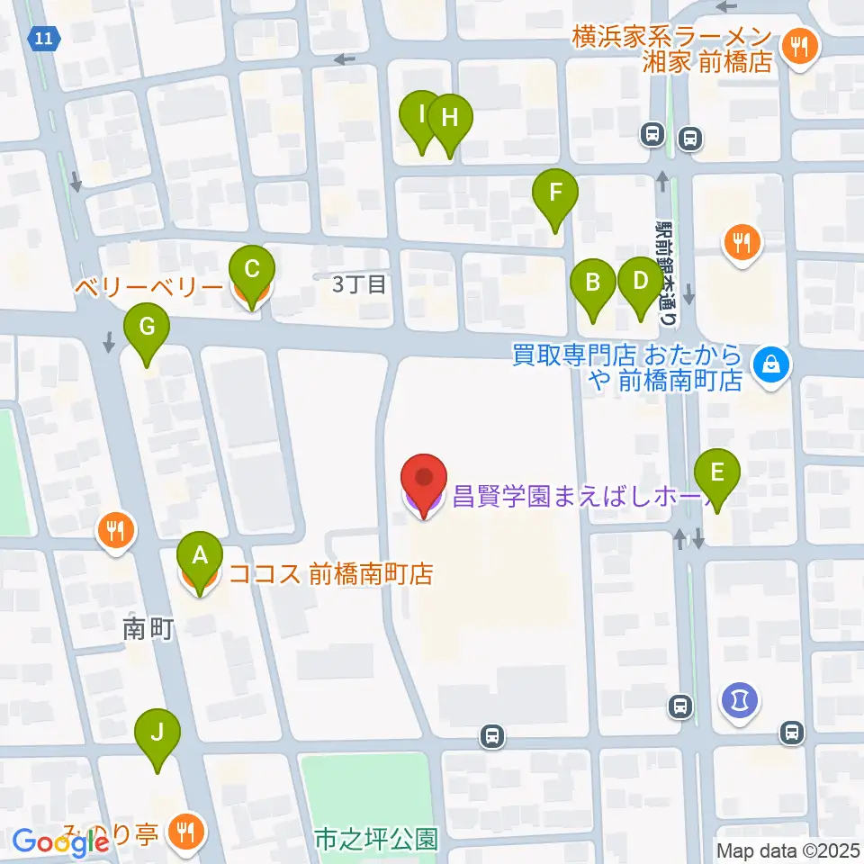 昌賢学園まえばしホール周辺のファミレス・ファーストフード一覧地図
