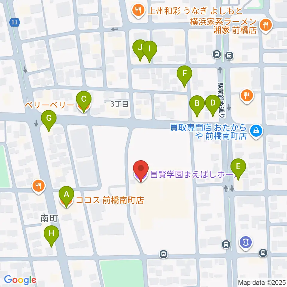 昌賢学園まえばしホール周辺のファミレス・ファーストフード一覧地図