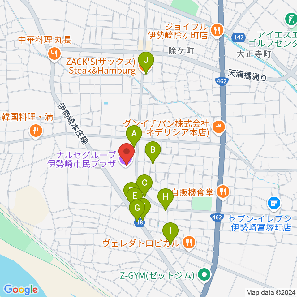 ナルセグループ伊勢崎市民プラザ周辺のファミレス・ファーストフード一覧地図