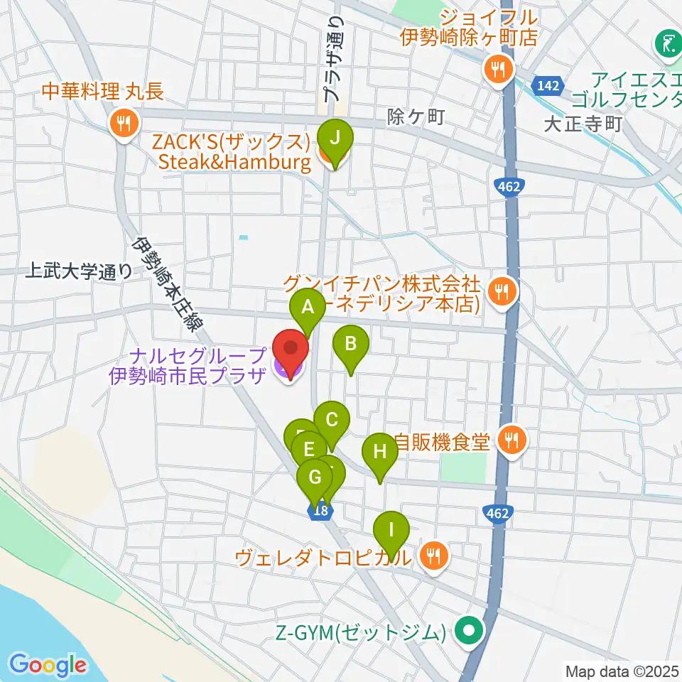 ナルセグループ伊勢崎市民プラザ周辺のファミレス・ファーストフード一覧地図