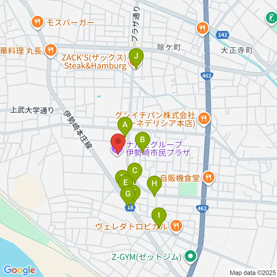 ナルセグループ伊勢崎市民プラザ周辺のファミレス・ファーストフード一覧地図