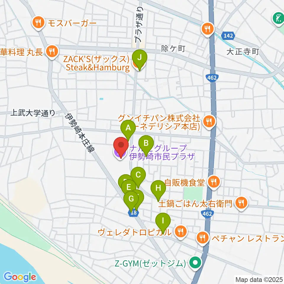 ナルセグループ伊勢崎市民プラザ周辺のファミレス・ファーストフード一覧地図