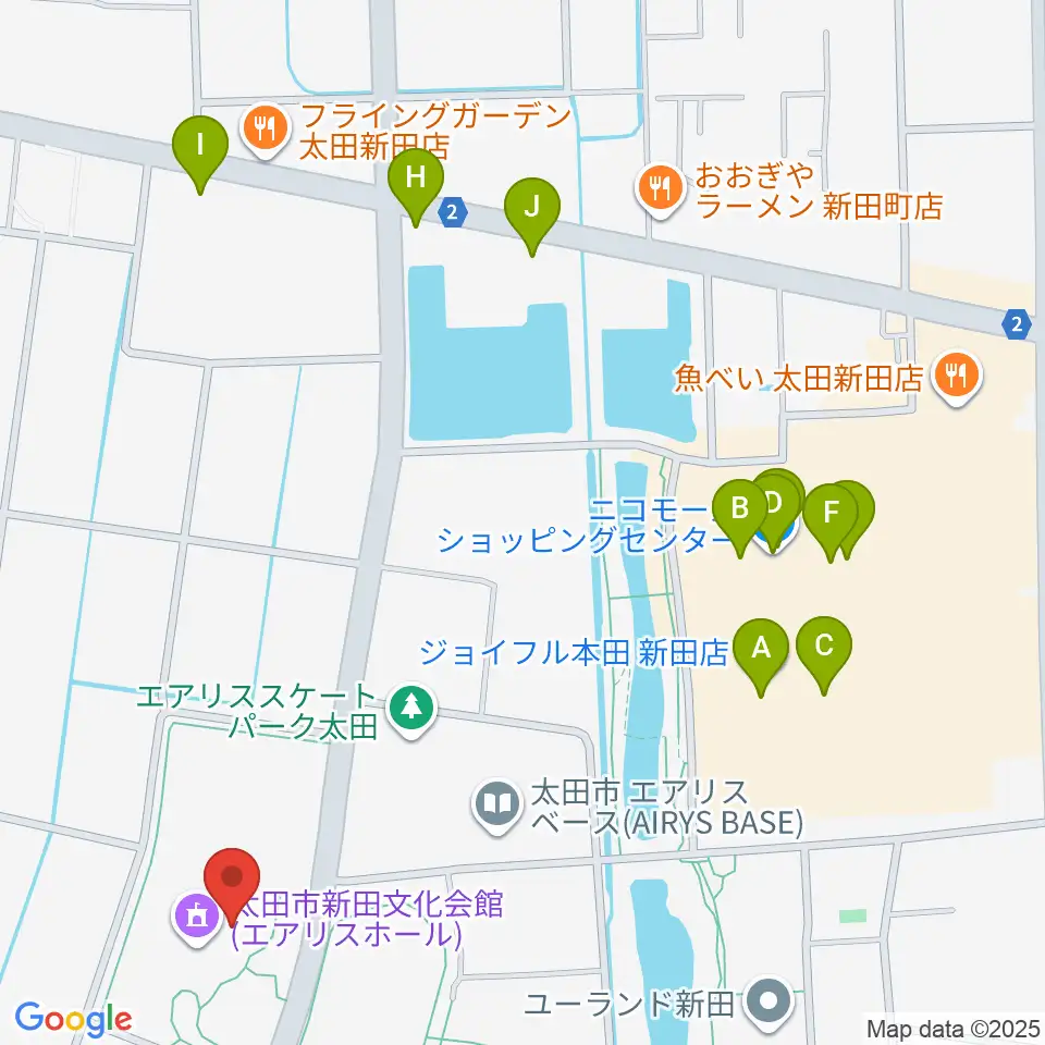 太田市新田文化会館エアリスホール周辺のファミレス・ファーストフード一覧地図