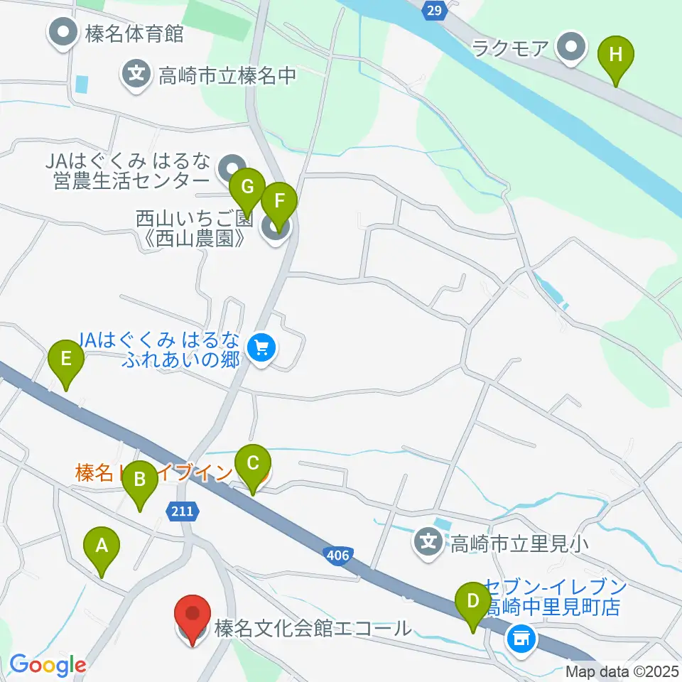 榛名文化会館エコール周辺のファミレス・ファーストフード一覧地図