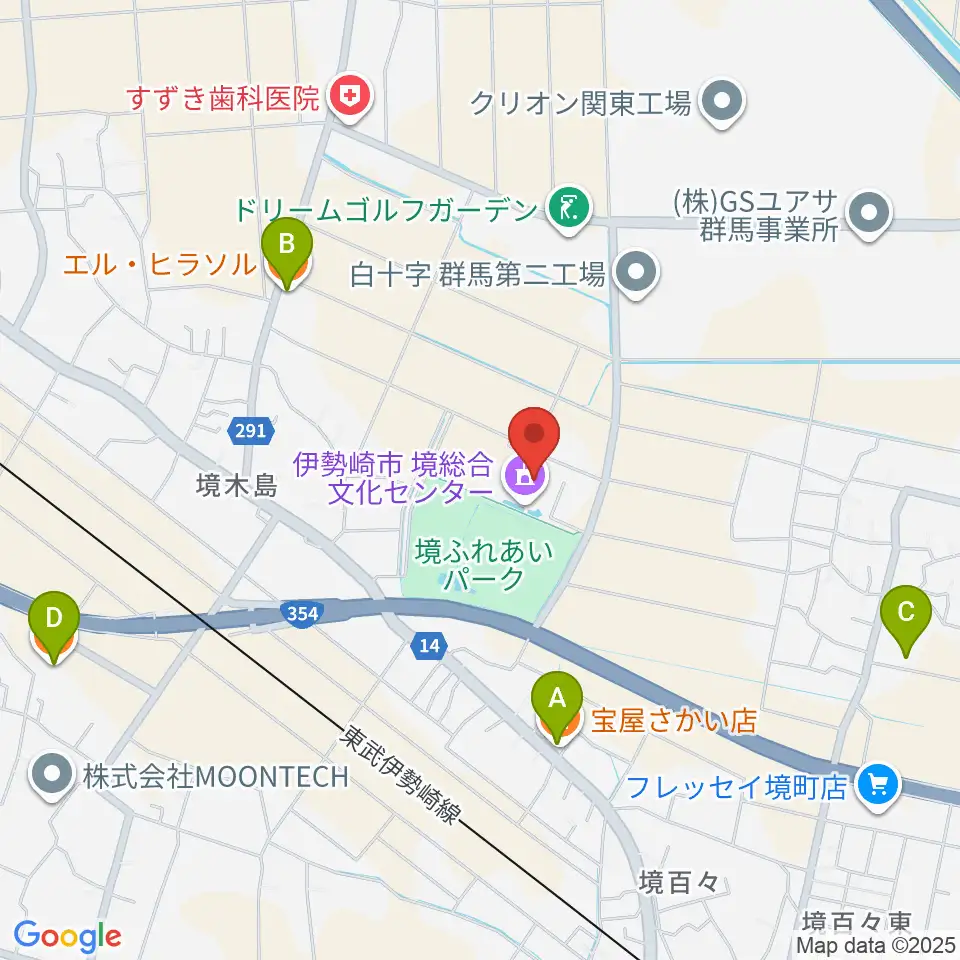 人材派遣ワイズコーポレーション境総合文化センター周辺のファミレス・ファーストフード一覧地図