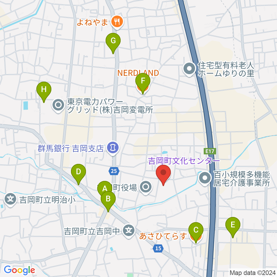 吉岡町文化センター周辺のファミレス・ファーストフード一覧地図