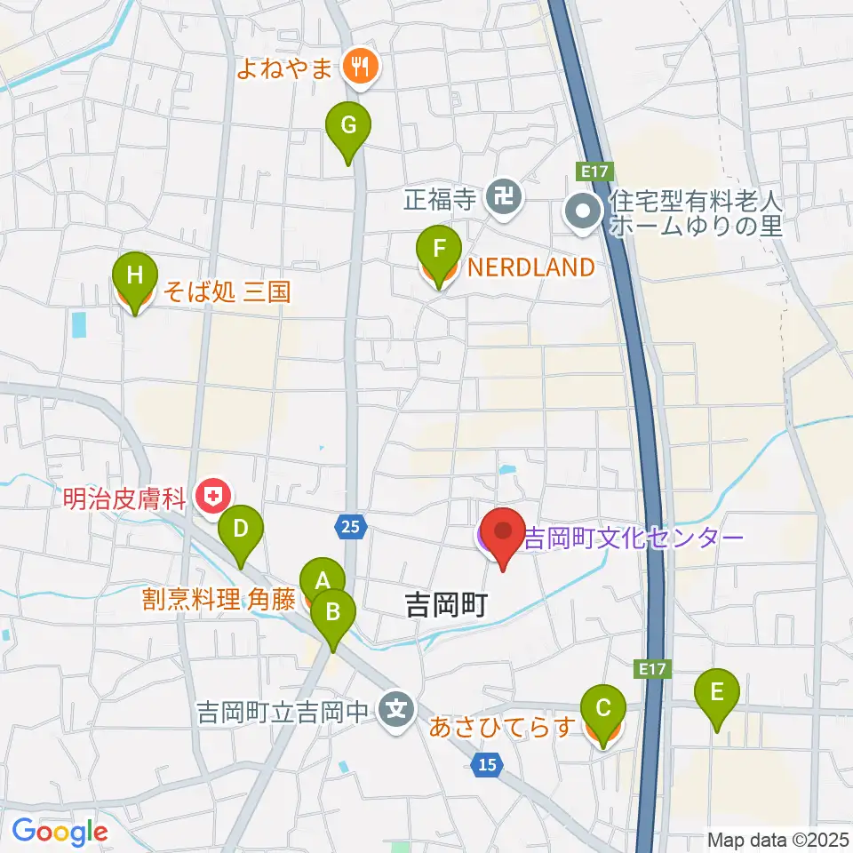 吉岡町文化センター周辺のファミレス・ファーストフード一覧地図