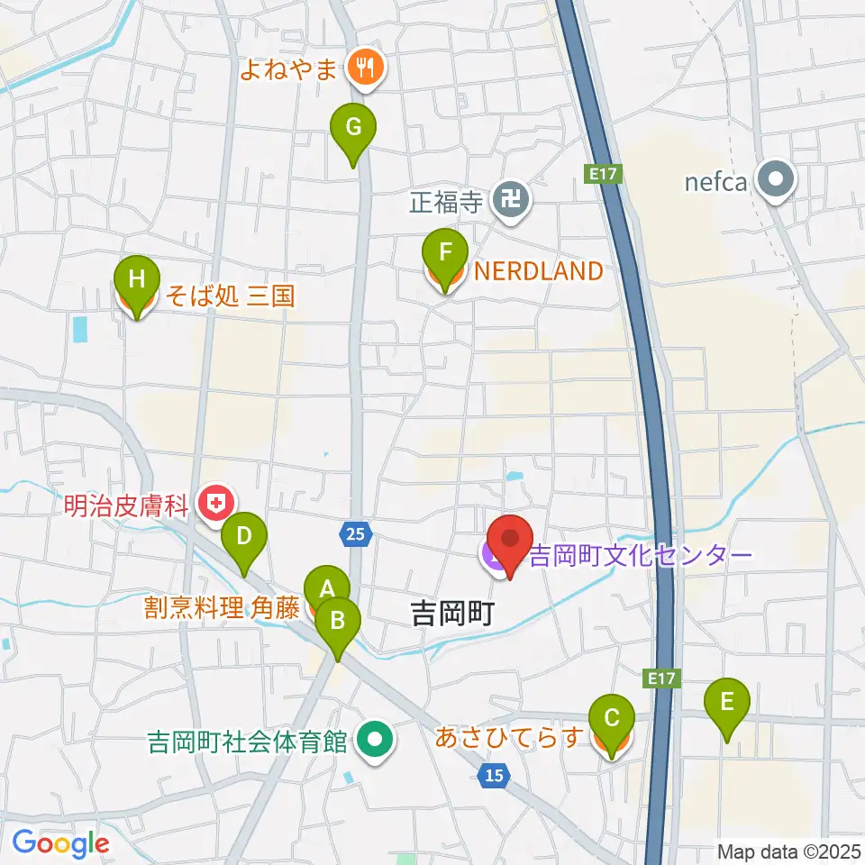 吉岡町文化センター周辺のファミレス・ファーストフード一覧地図