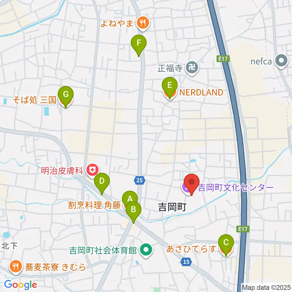 吉岡町文化センター周辺のファミレス・ファーストフード一覧地図