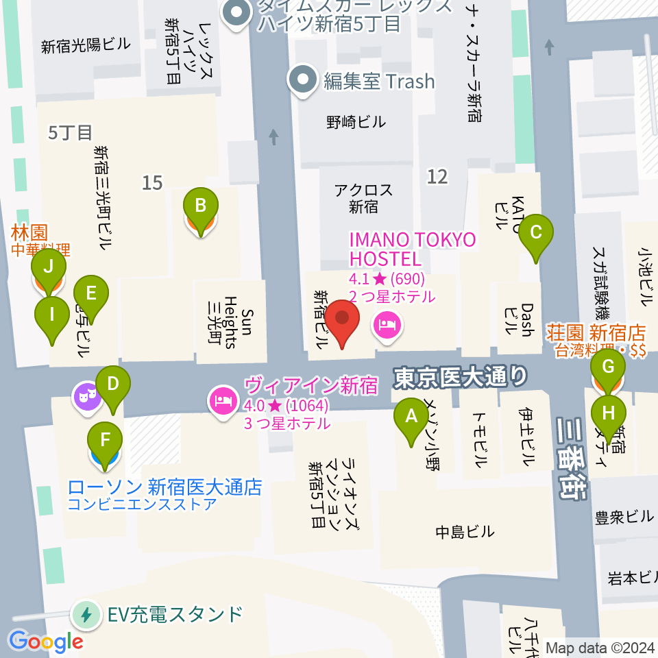 新宿レフカダ周辺のファミレス・ファーストフード一覧地図