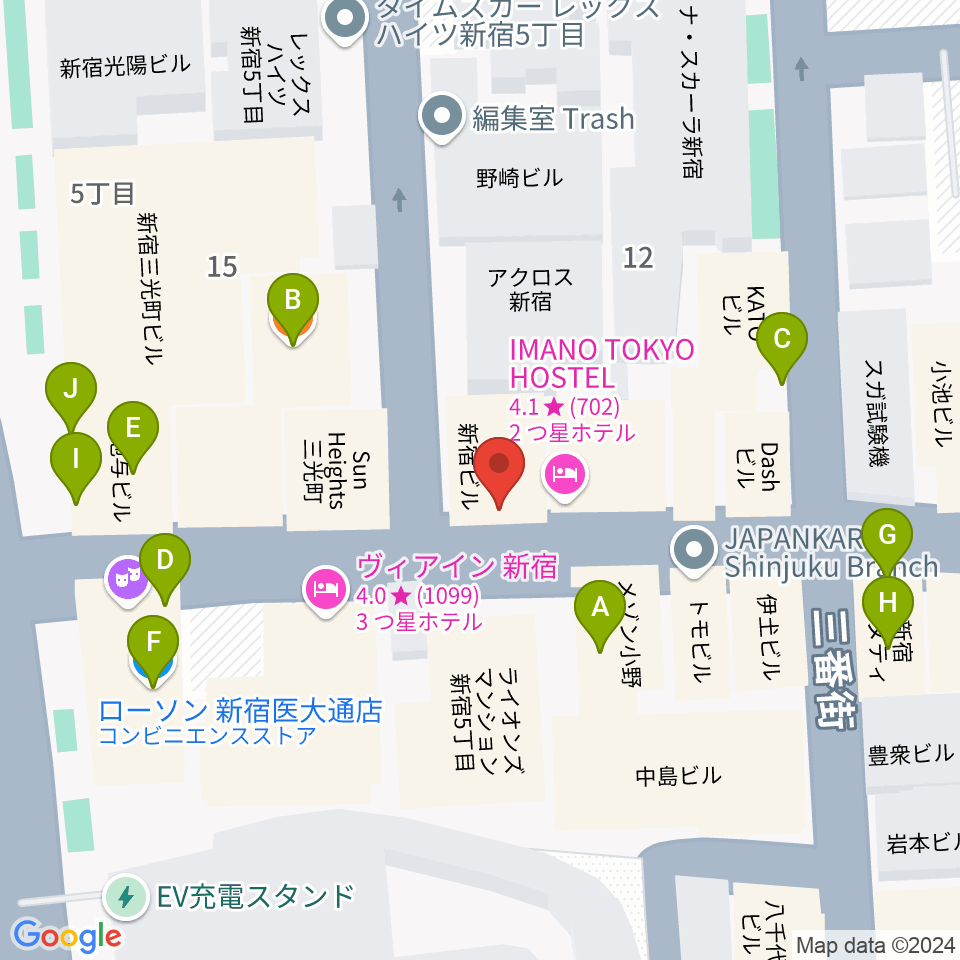 新宿レフカダ周辺のファミレス・ファーストフード一覧地図