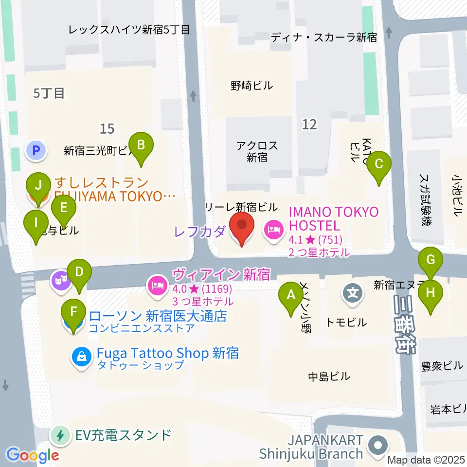 新宿レフカダ周辺のファミレス・ファーストフード一覧地図