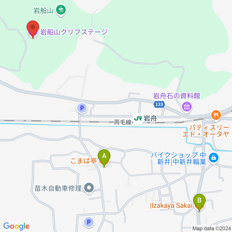 岩船山クリフステージ周辺のファミレス・ファーストフード一覧地図