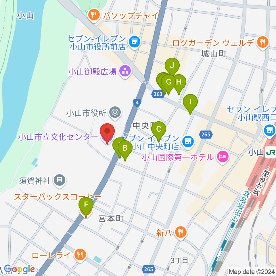 小山市立文化センター周辺のファミレス・ファーストフード一覧地図