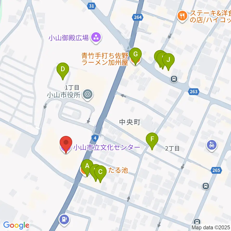 小山市立文化センター周辺のファミレス・ファーストフード一覧地図
